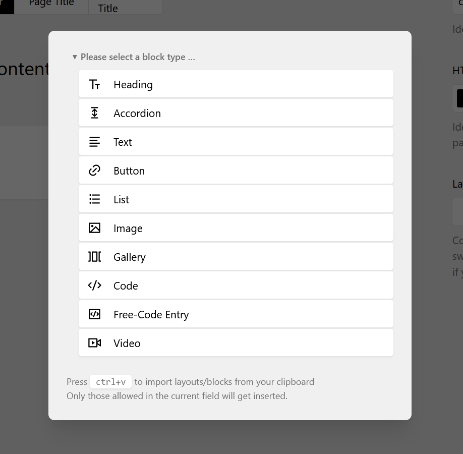 List of Block Types: Heading, Accordion, Text, Button, List, Image, Gallery, Code, Free-Code Entry, and Video